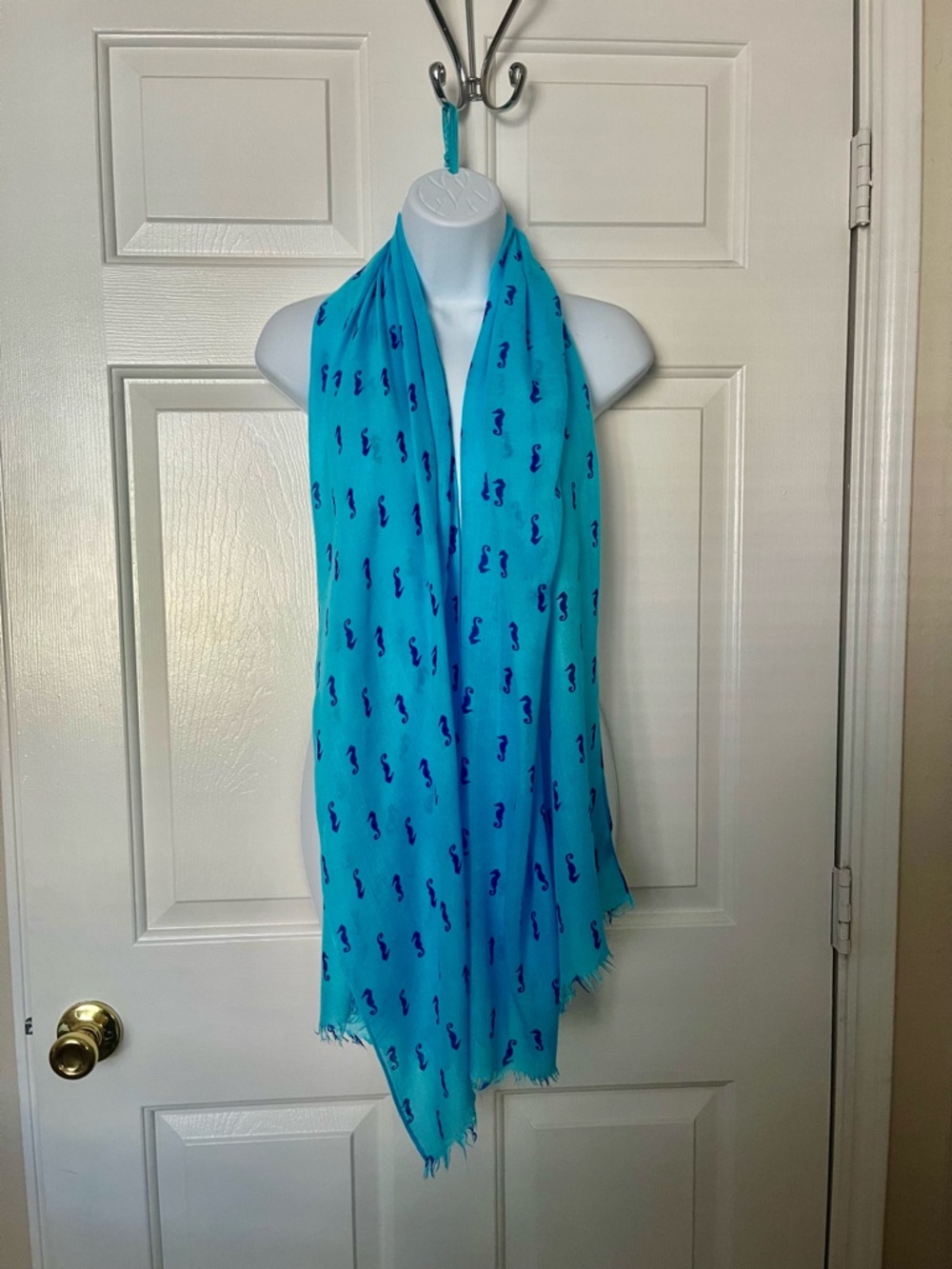 Cato Turquoise Scarf with Navy Seahorse Motif